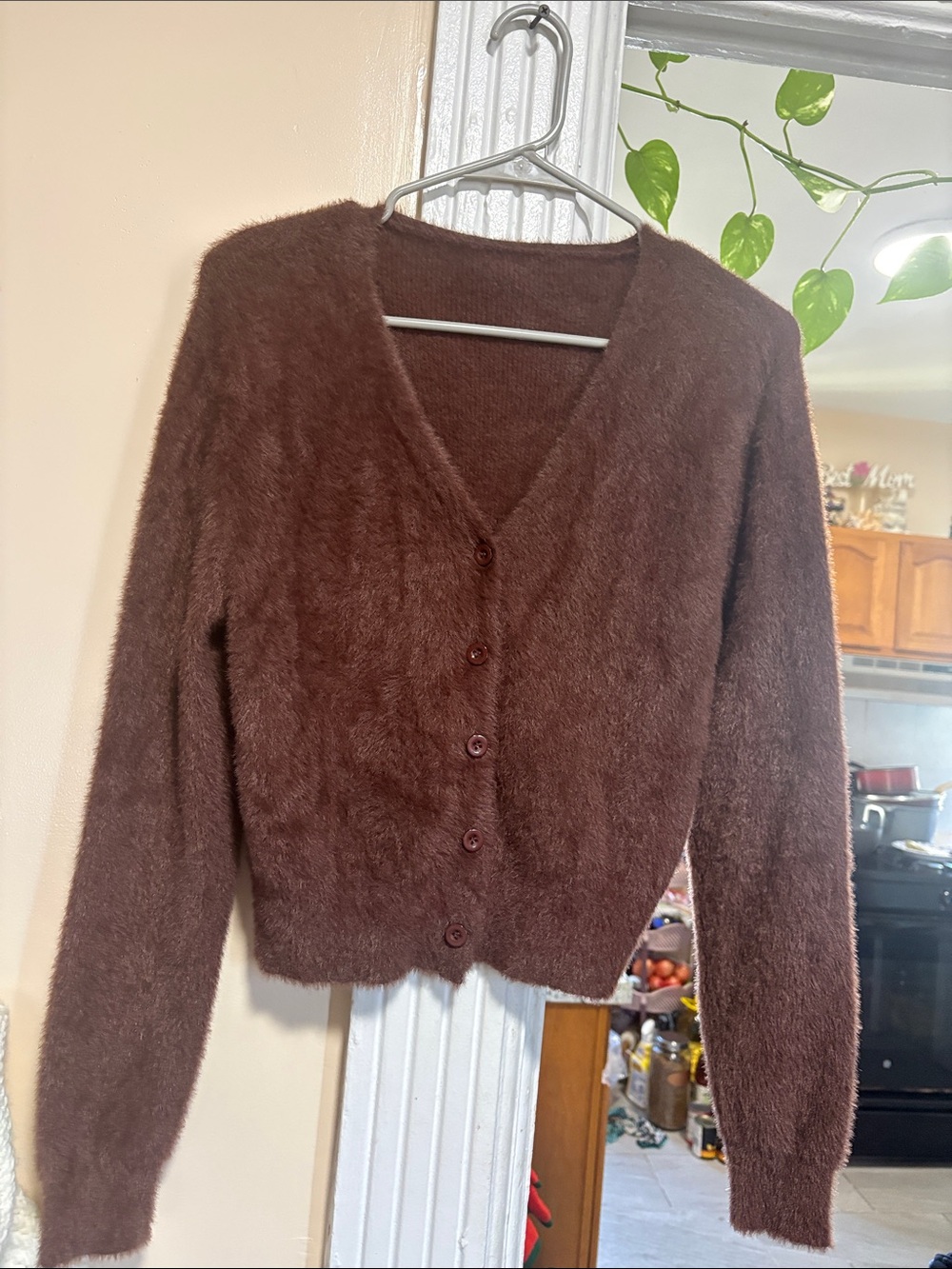Plush Brown V-Neck Button Front Cardigan Sweater